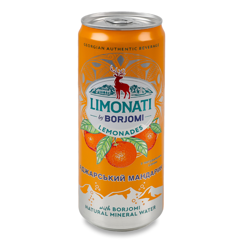 Напій безалкогольний Limonati з смаком аджарського мандарину соковий сильногазований 330мл ж/б Borjomi