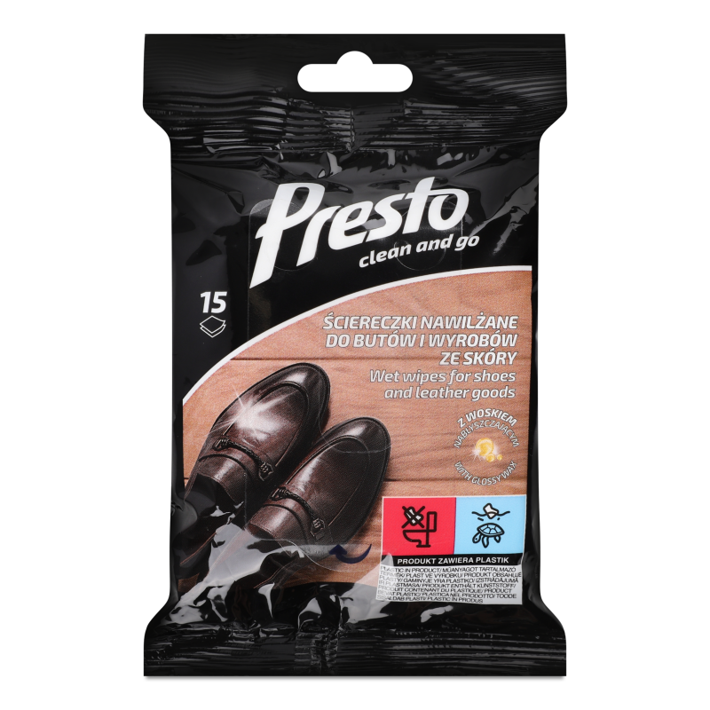Серветки вологі д/чищення взуття та шкіряного одягу 15шт Presto