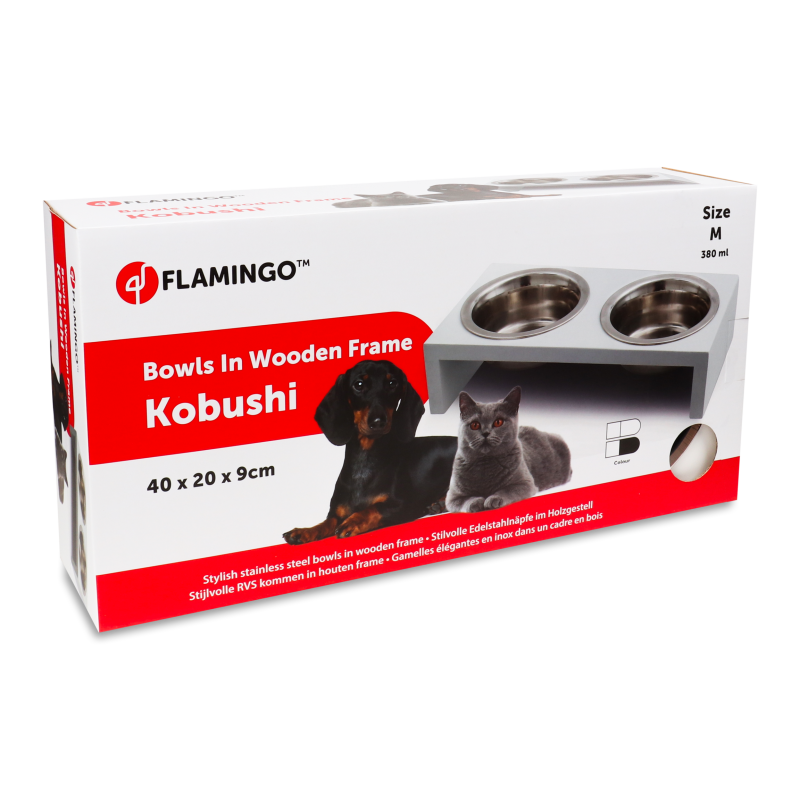 Набір Миска д/тварин Kobushi 2*380мл нержавіюча сталь+підставка біла МДФ 40*20*9см Flamingo