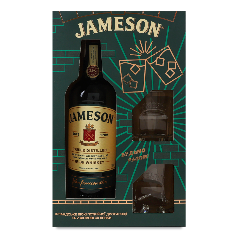Набір Віскі 40% 0,7л+2 склянки Jameson