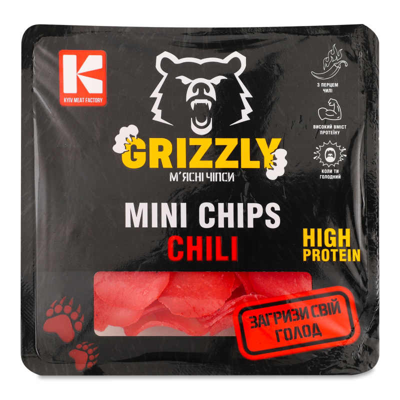 Чипси м’ясні Mini Chips Chili з м’ясом птиці c/к в/г 50г газ/уп Grizzly