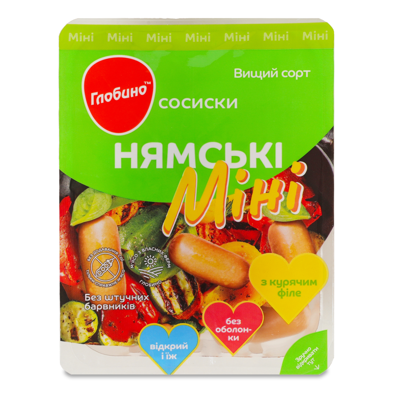 Сосиски Нямські міні з курятини в/г б/о 350г газ/уп Глобино