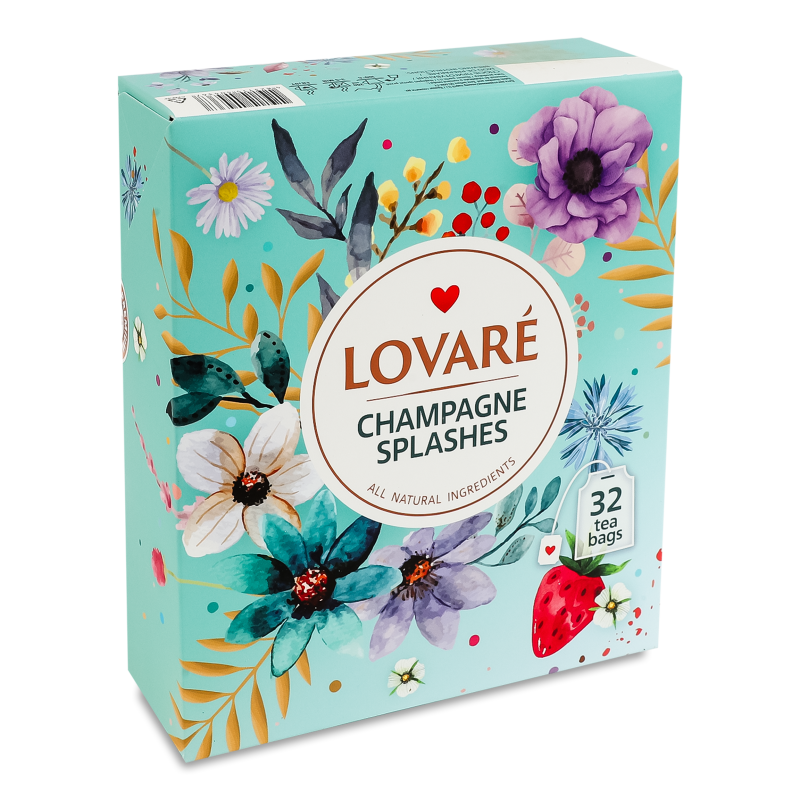 Чай Бризки шампанського чорний та зелений з ягодами пелюстками квітів таароматом суниці 32*2г Lovare