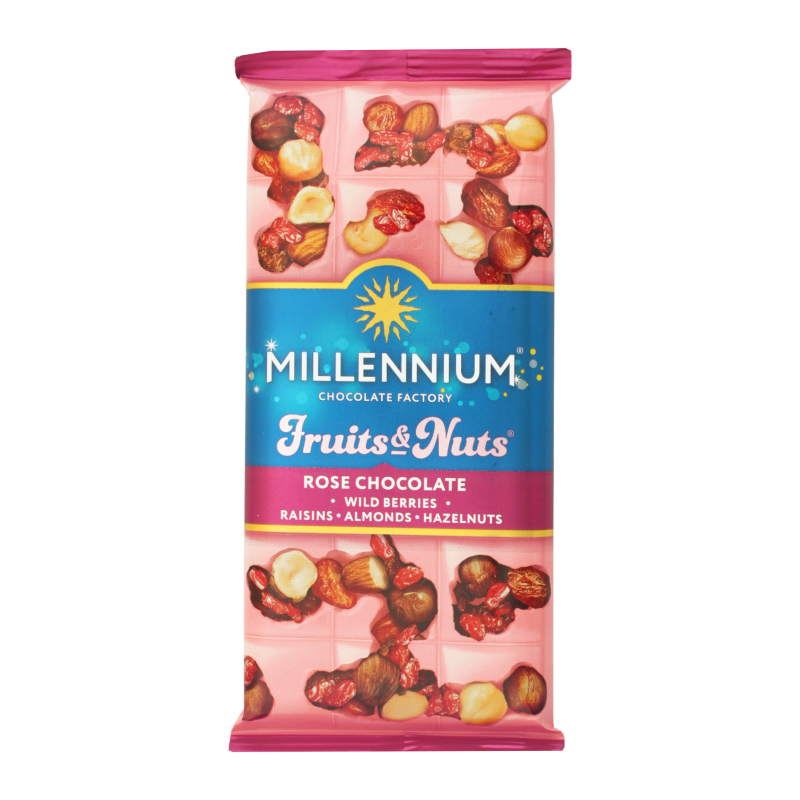 Шоколад білий з мигдалем лісовими горіхами ягодами та родзинками Fruits&Nuts Rose Millennium м/у