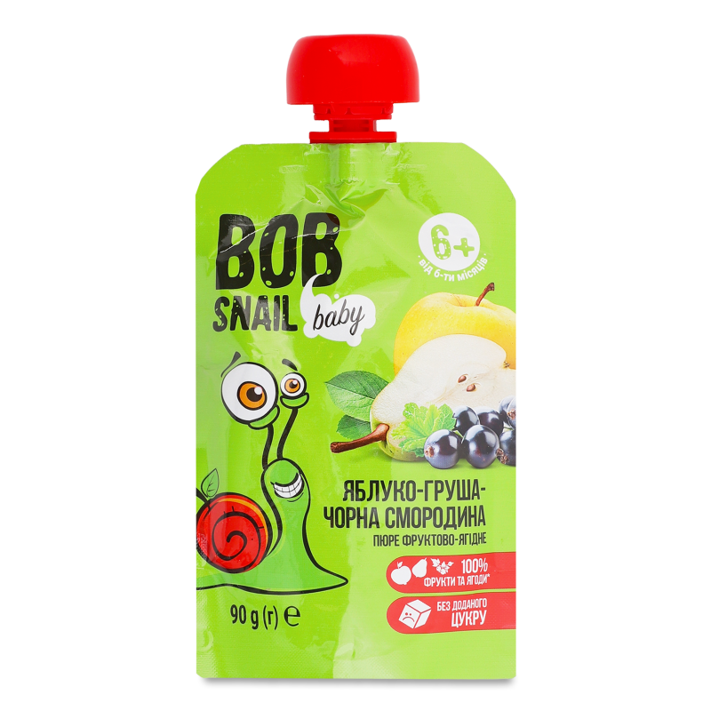 Пюре фруктово-ягідне Яблуко-груша-чорна смородина від 6місяців 90г пауч Bob Snail