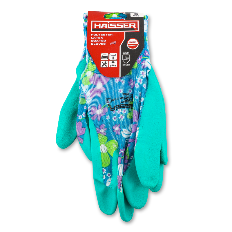 Рукавиці садові сині поліестр з зеленим латексним покриттям р.S/М Haisser