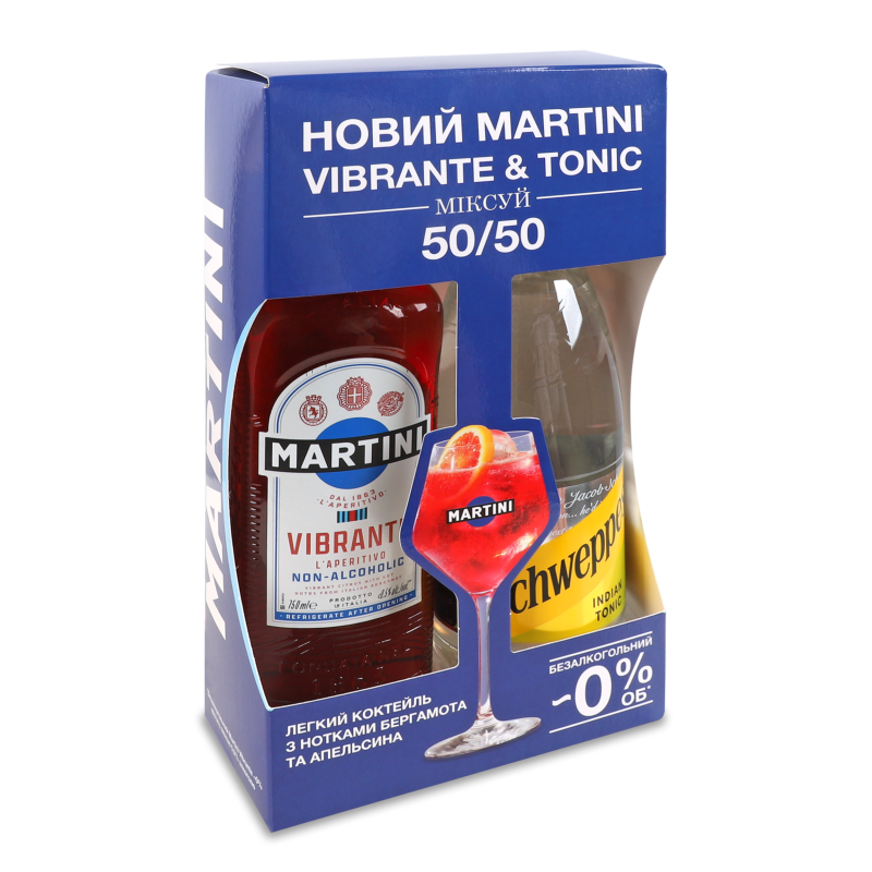 Набір Напій б/а Vibrante солодкий 0,75л Martini+Напій б/а Tonic 1л пет Schweppes