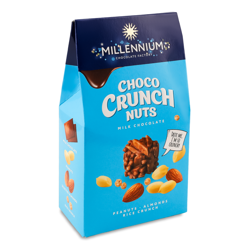 Цукерки Choco Crunc з арахісом мигдалем та рисовими кульками в молочному шоколаді 100г Millennium