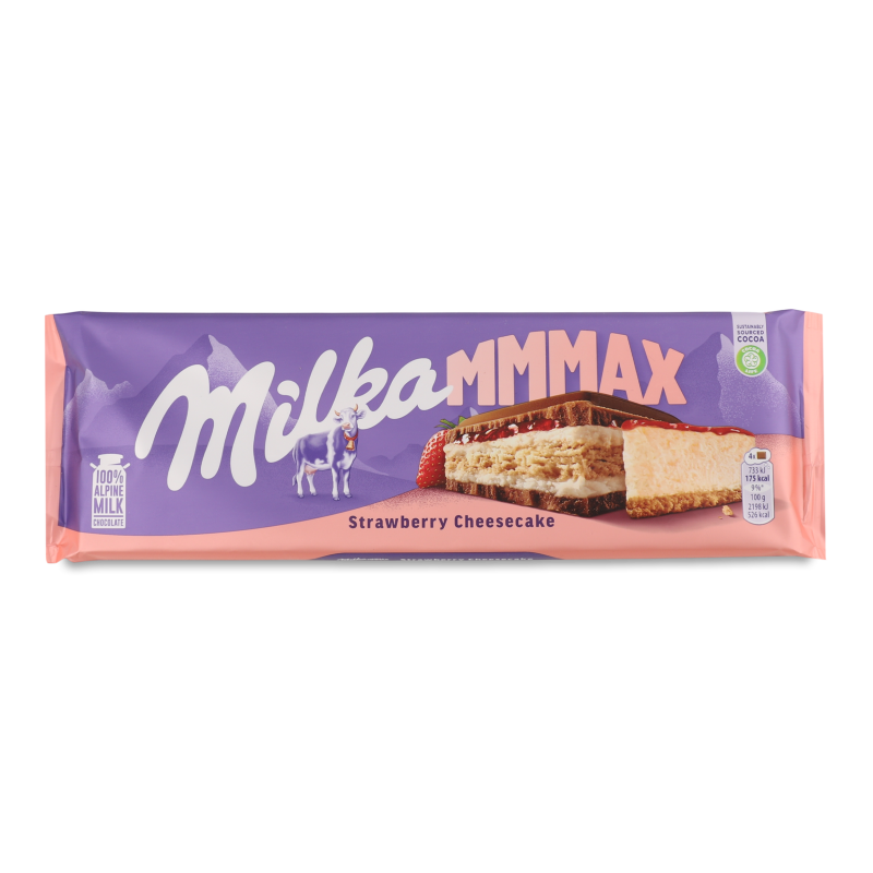 Шоколад МММАХ молочний з начинкою з смаком чізкейку полуничною начинкою та печивом 300г Milka