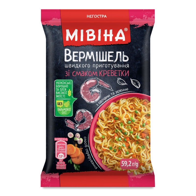 Вермішель швидкого приготування з смаком креветки з овочами та зеленню негостра 59,2г Мівіна