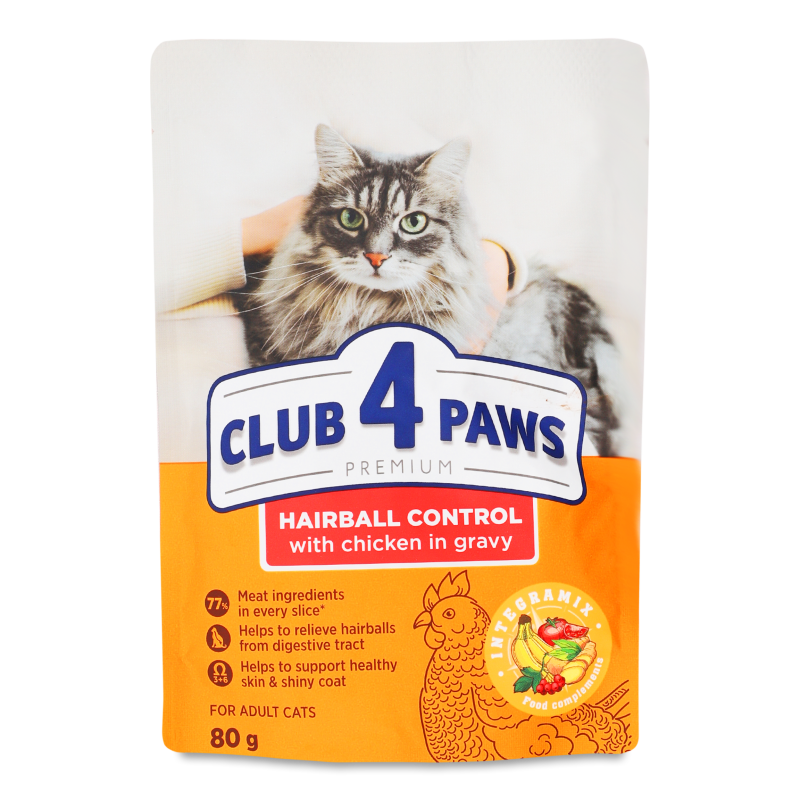 Корм д/дорослих котів Преміум Ефект виведення шерсті з організму тварин Курка в соусі 80г пауч Клуб 4 лапи