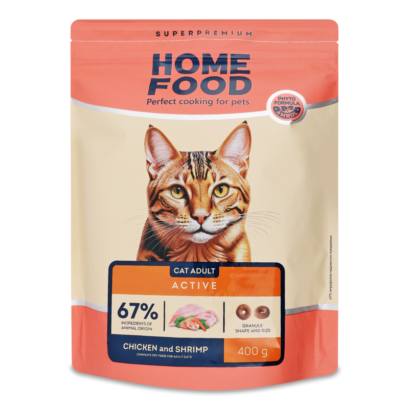 Корм д/дорослих активних котів Курочка та креветка сухий 400г Хоум Фуд