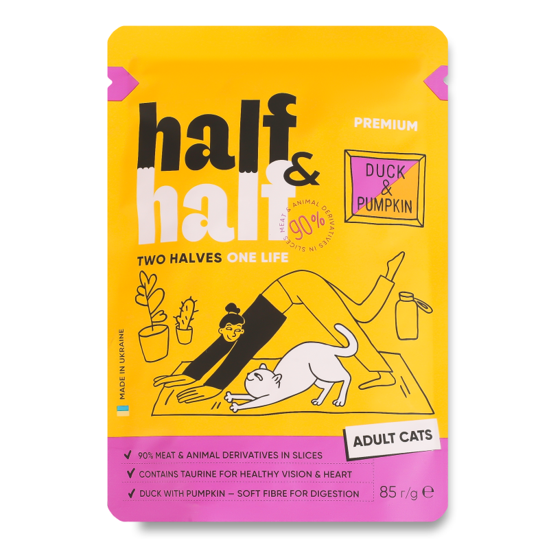 Корм д/котів з качкою та гарбузом в соусі 85г пауч Half&Half