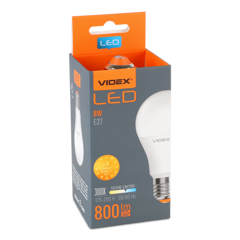 Лампа LED A60e 8W E27 3000K 220V Videx