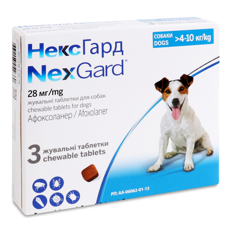 Таблетка жувальна д/собак від бліх та кліщів від 4 до 10кг 3шт Нексгард