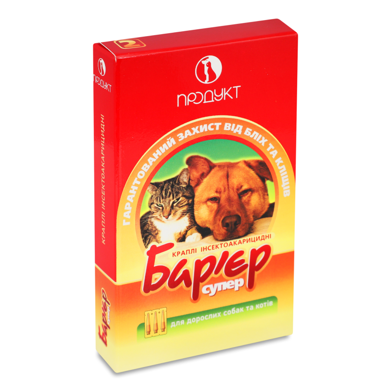 Краплі д/дорослих собак та котів інсектоакарицидні Бар”єр супер №2 3*1мл Продукт