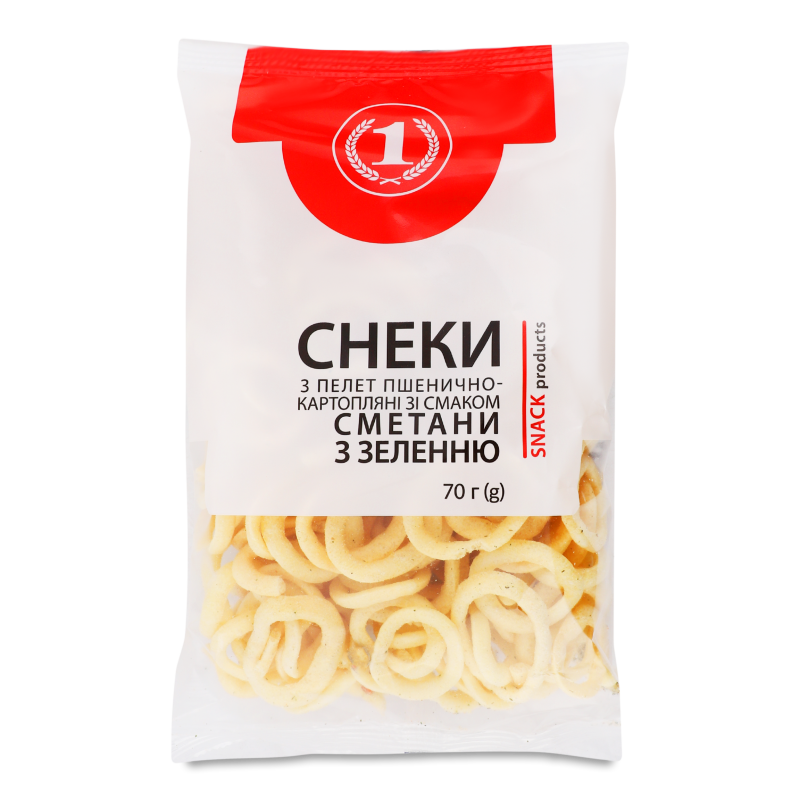 Снеки з пелет пшенично-картопляні з смаком сметани з зеленню 70г ТМ “1”