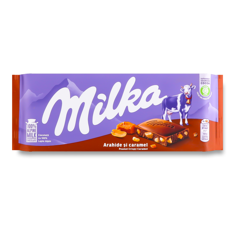 Шоколад молочний з арахісом шматочками хрусткої карамелі рисовими кульками та кукурудзяними пластівцями 90г Мілка