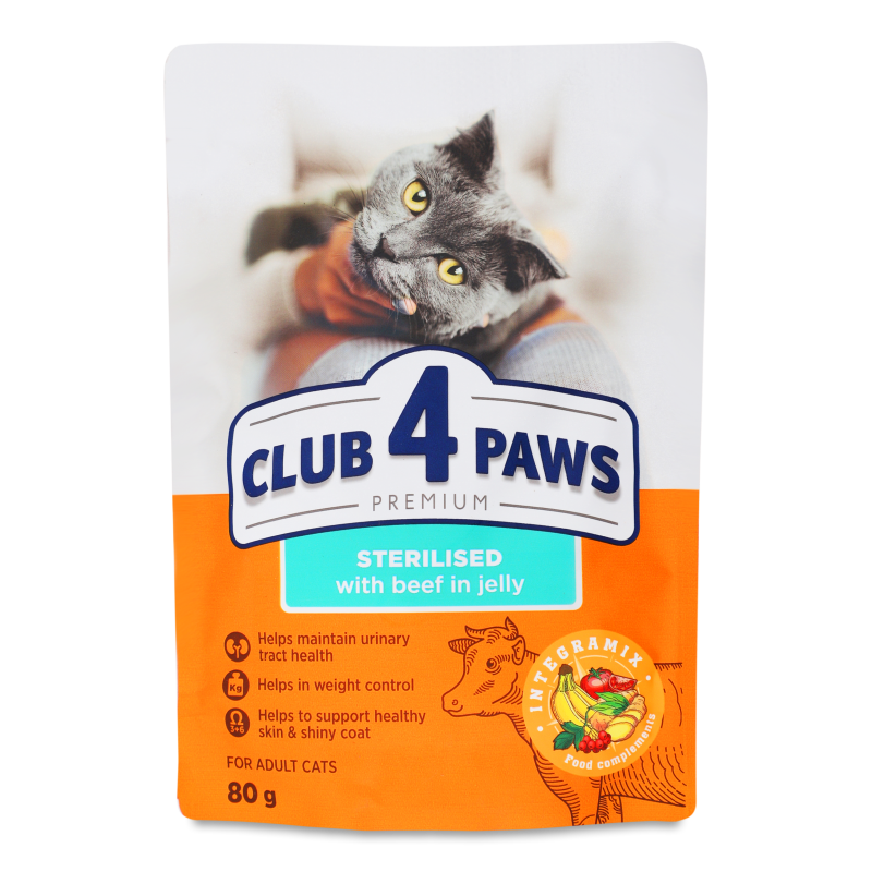 Корм д/дорослих стерилізованих котів Преміум Яловичина в желе 80г пауч Клуб 4 лапи