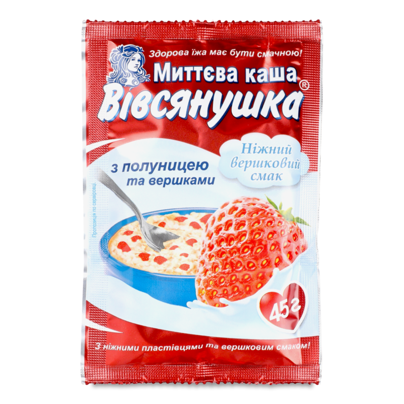 Каша швидкого приготування вівсяна з вершками та полуницею 45г Вівсяночка