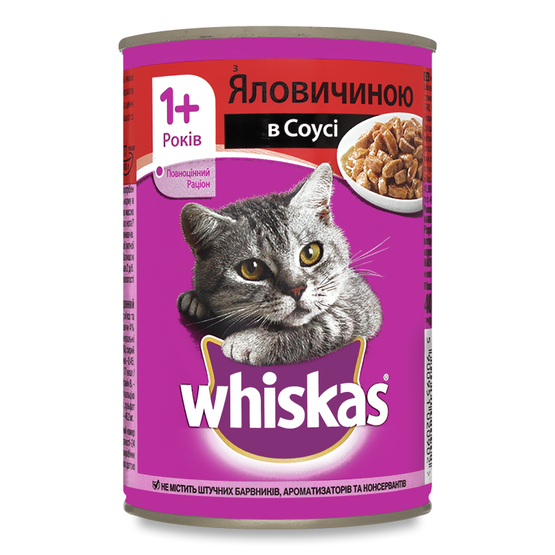 Корм д/дорослих котів з яловичиною в соусі 400г ж/б Whiskas