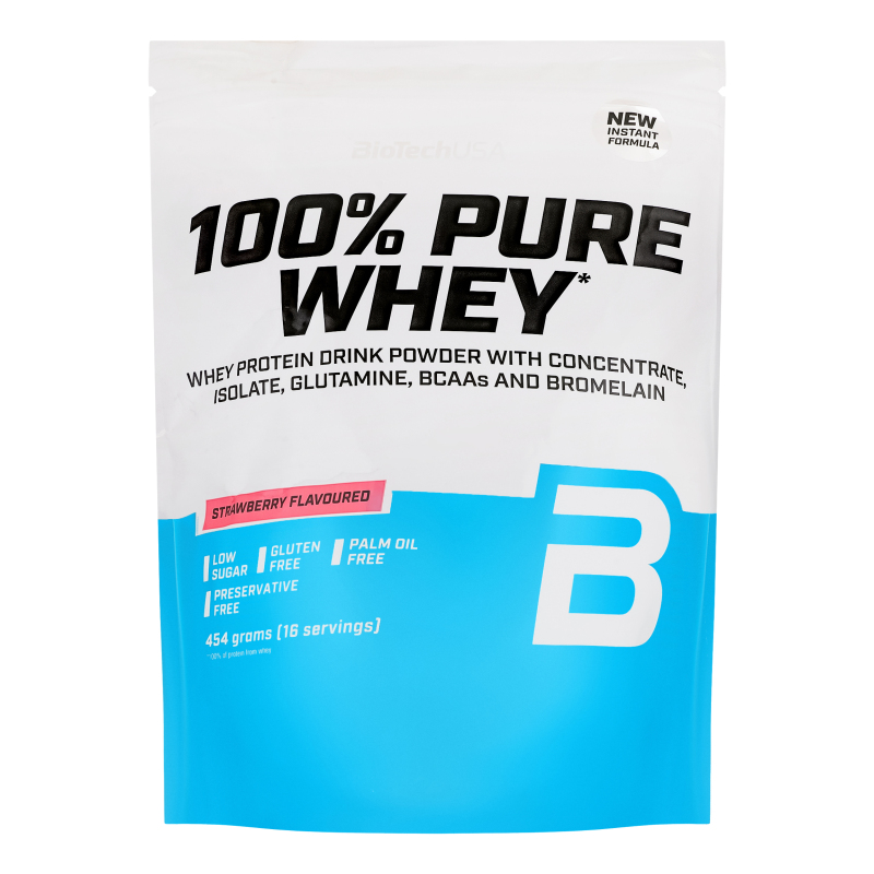 Порошок білковий для напоїв з підсолоджувачами Полуниця 100% Pure whey BioTechUSA
