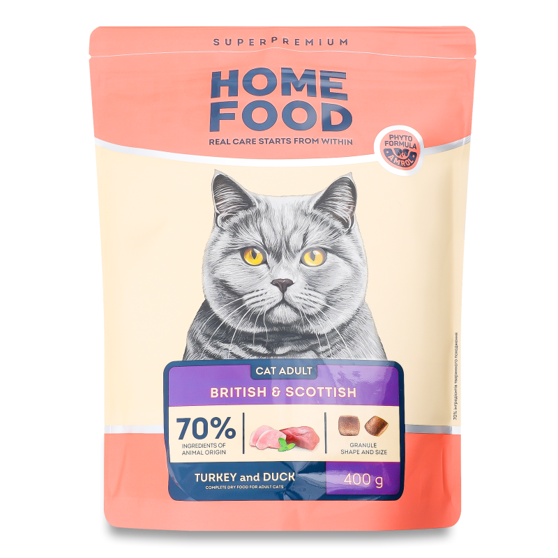Корм д/дорослих котів британських та шотландських порід Індичка та качка сухий 400г Home Food