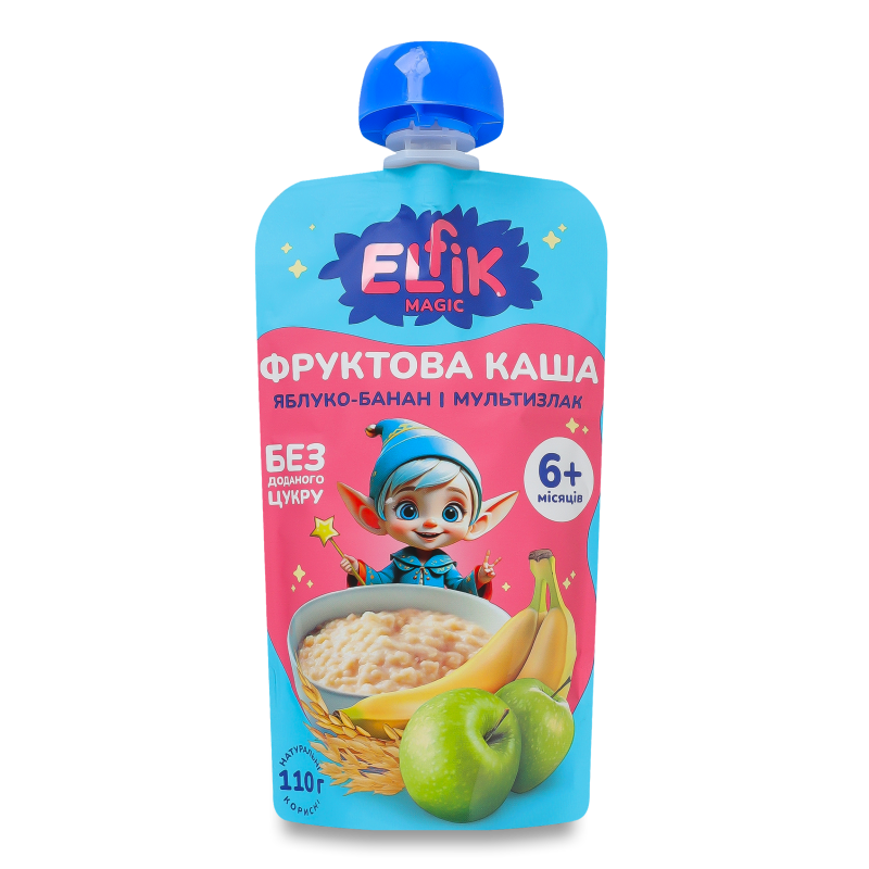 Каша фруктова Яблуко банан та мультизлак від 6місяців 110г пауч Elfik Magic