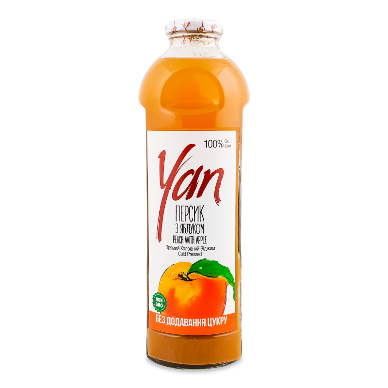Сік персиковий з додаванням яблучного без цукру 930мл скло Yan