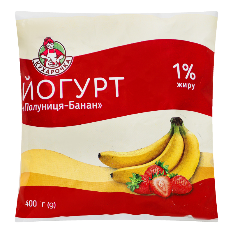 Йогурт 1% питний солодкий з фруктовим наповнювачем Полуниця-банан Кухарочка м/у