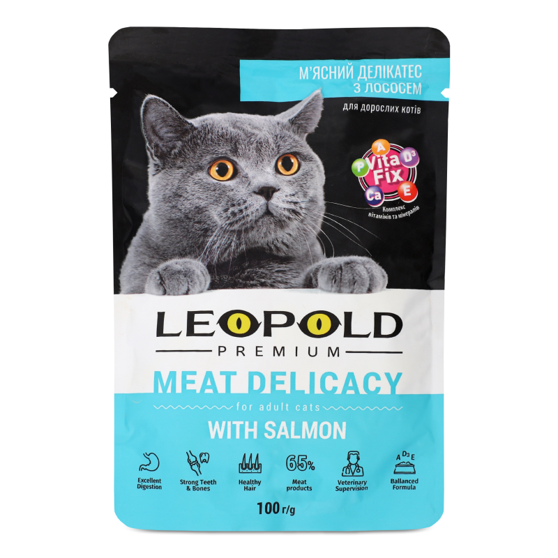 Корм д/котів М”ясний делікатес з лососем 100г пауч Леопольд