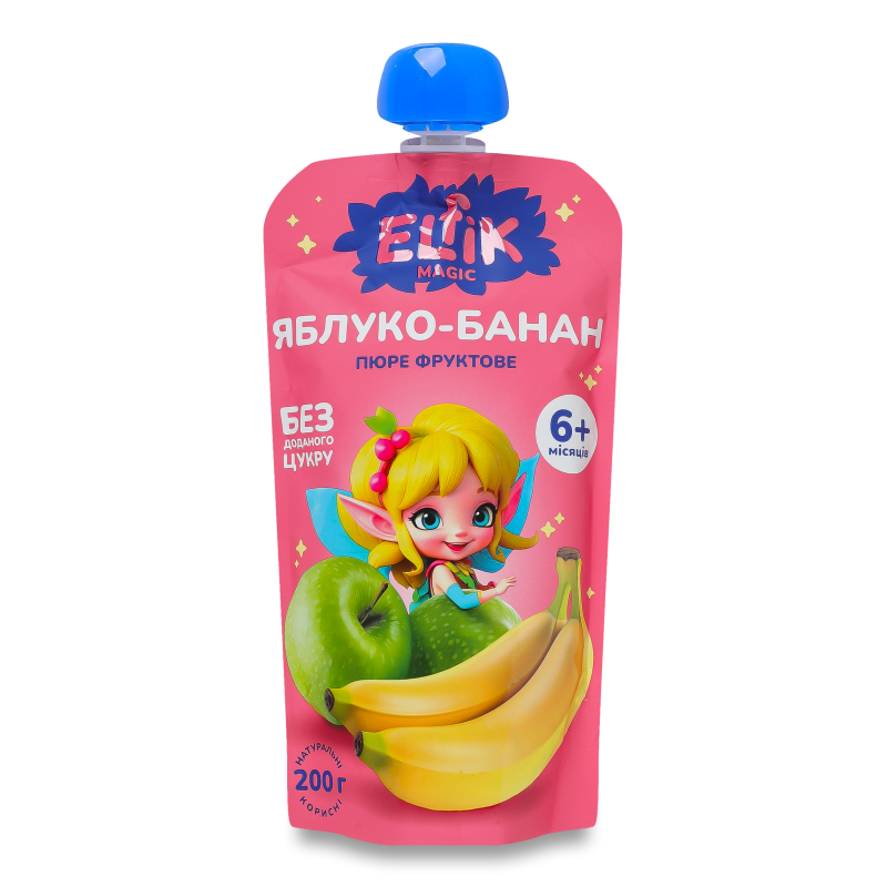 Пюре фруктове з яблук та бананів від 6місяців 200г пауч Elfik Magic