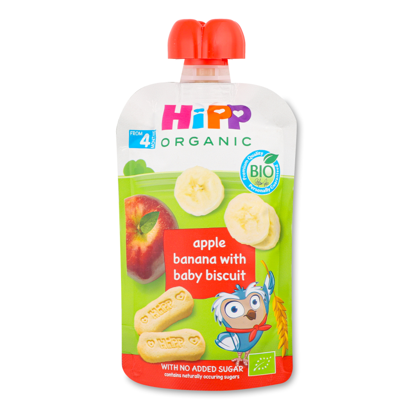 Пюре дитяче Hippis Яблуко-банан з печивом від 4місяців 100г пауч Hipp