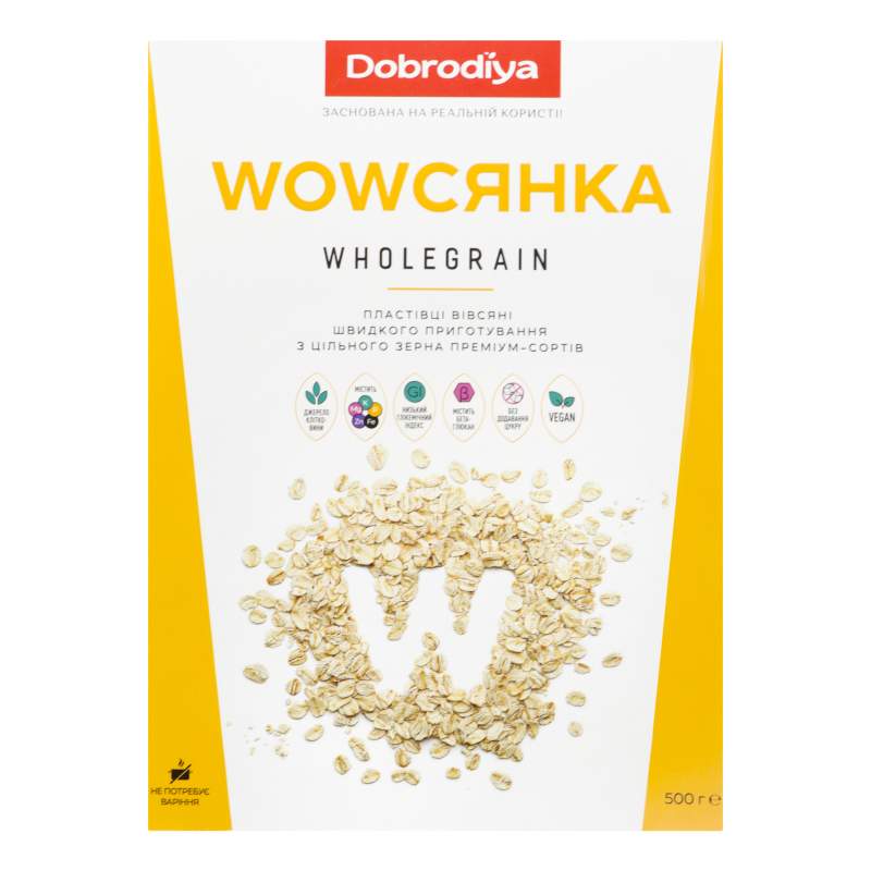 Пластівці вівсяні з цільного зерна Wholegrain Wowсянка Dobrodiya к/у