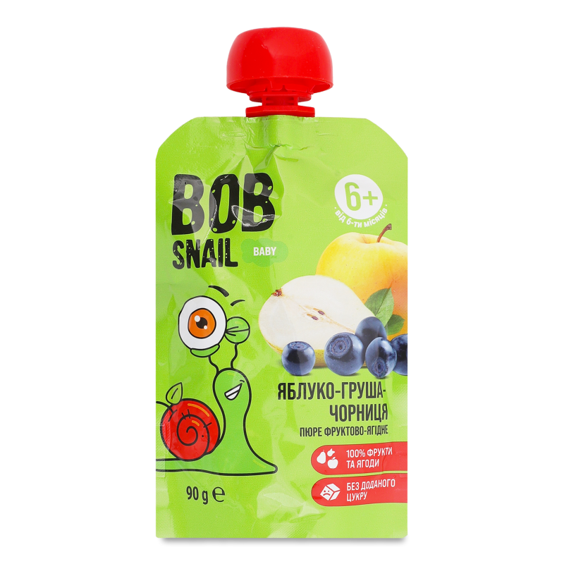 Пюре фруктово-ягідне Яблуко-груша-чорниця від 6місяців 90г пауч Bob Snail