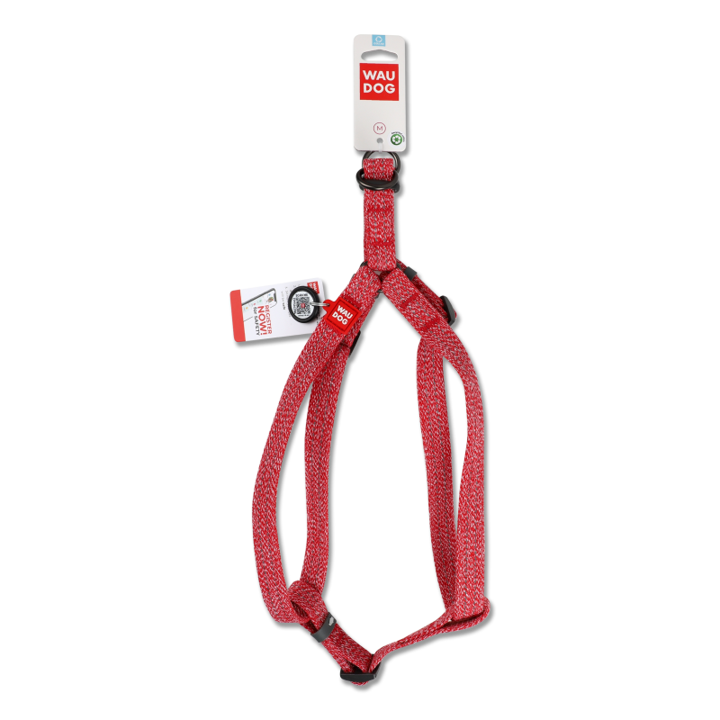 Шлея з QR паспортом червона відновлена бавовна світловідбиваюча пластиковий фастекс р.M 20мм L50-80см 03323 ВауДог Ре-коттон